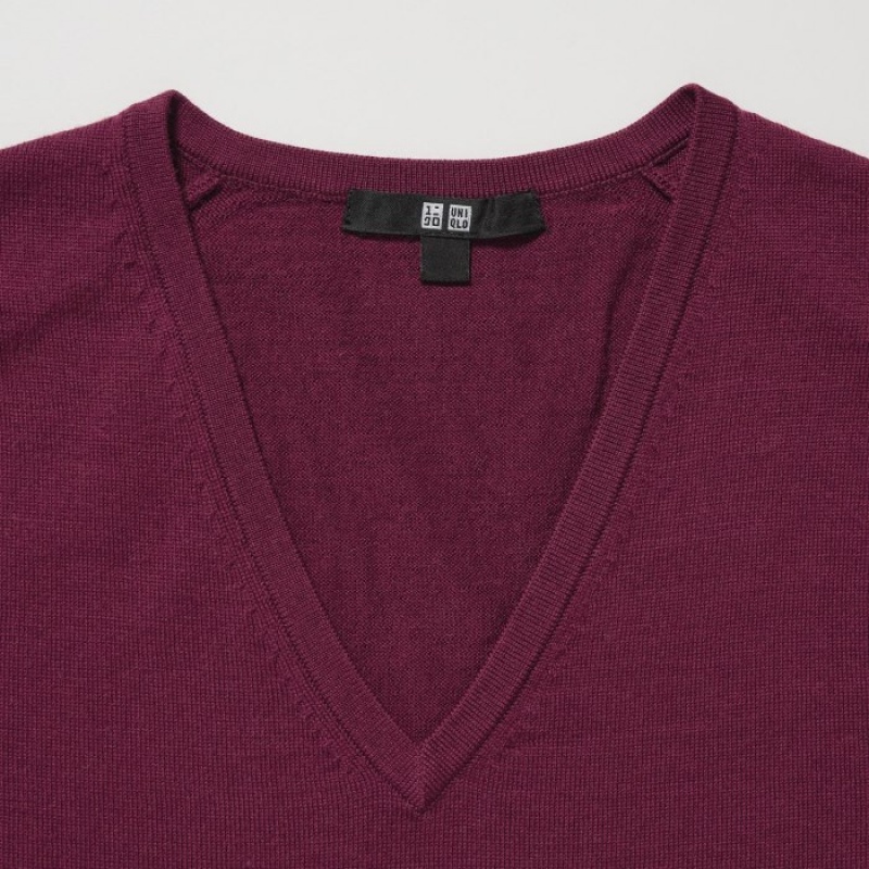 Uniqlo Extra Fine Merino V-Neck Long-Sleeve Truien Dames Roze | 7864659