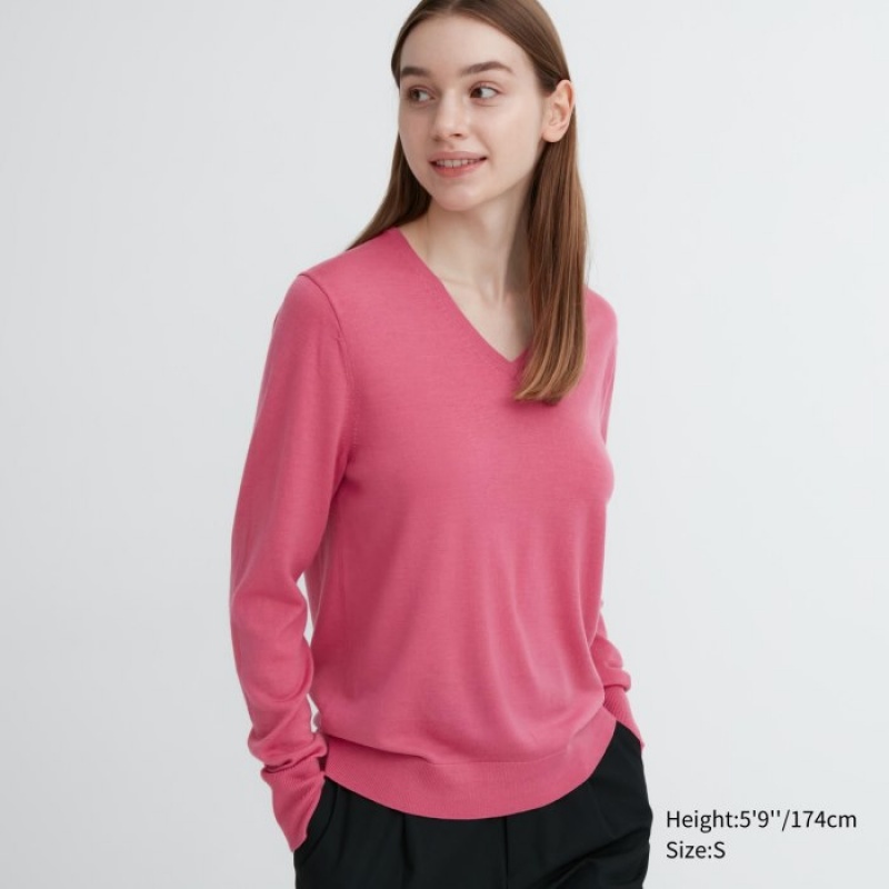 Uniqlo Extra Fine Merino V-Neck Long-Sleeve Truien Dames Roze | 7864659