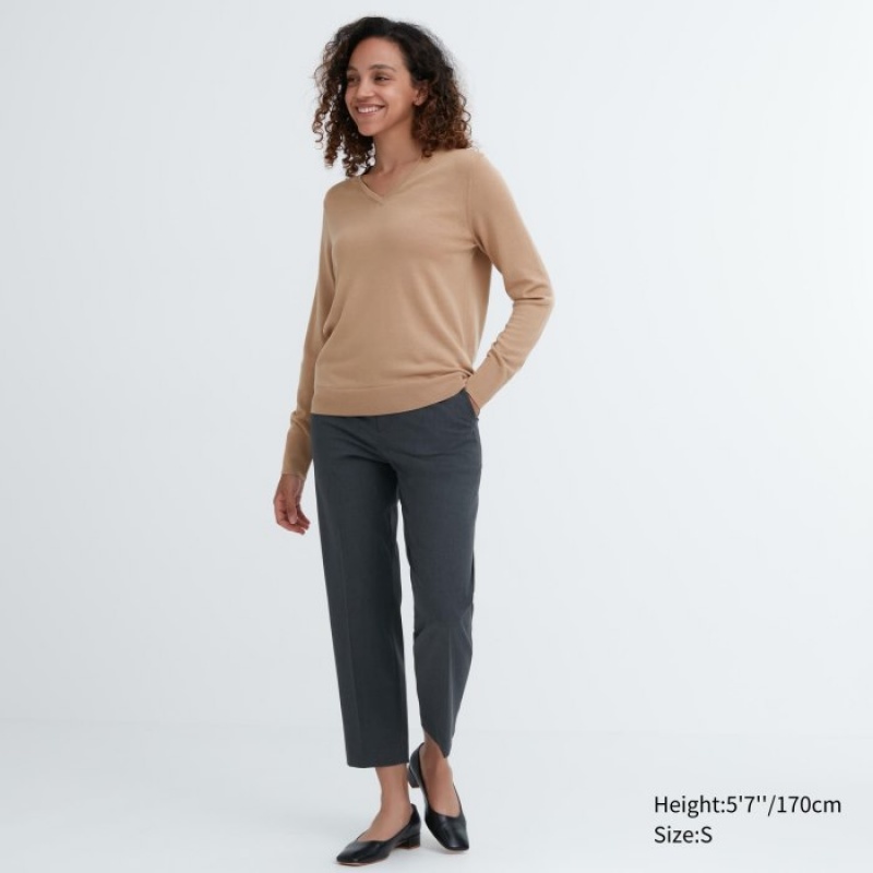 Uniqlo Extra Fine Merino V-Neck Long-Sleeve Truien Dames Beige | 324057