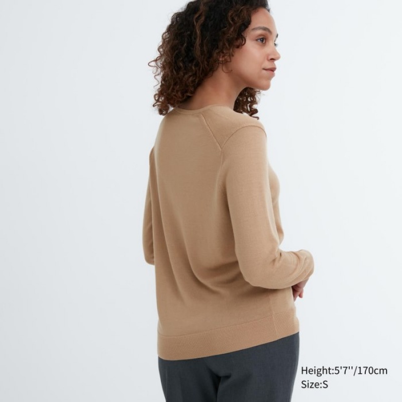 Uniqlo Extra Fine Merino V-Neck Long-Sleeve Truien Dames Beige | 324057
