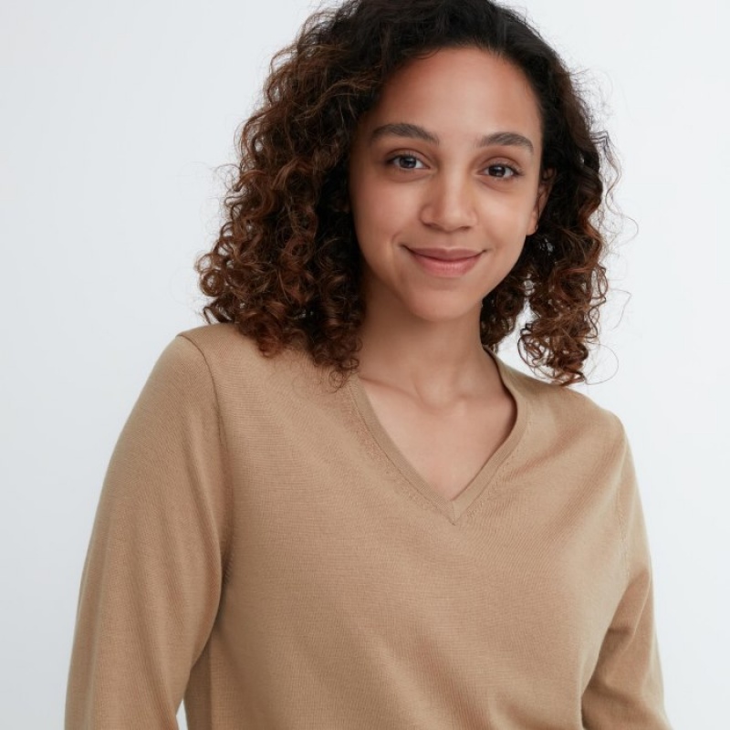 Uniqlo Extra Fine Merino V-Neck Long-Sleeve Truien Dames Beige | 324057