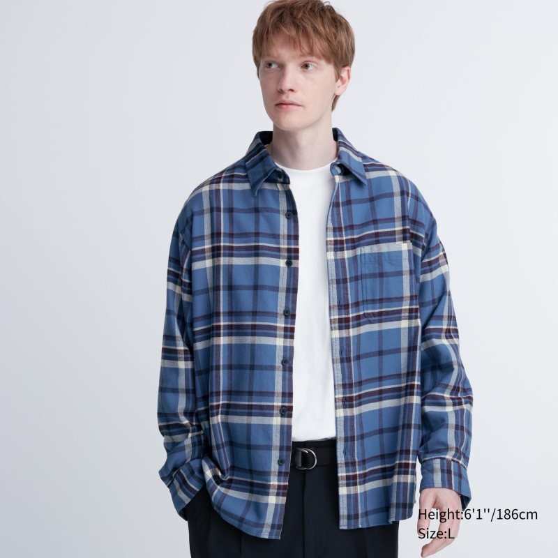 Uniqlo Flannel Checked Long-sleeve Overhemd Heren Blauw | 4508868