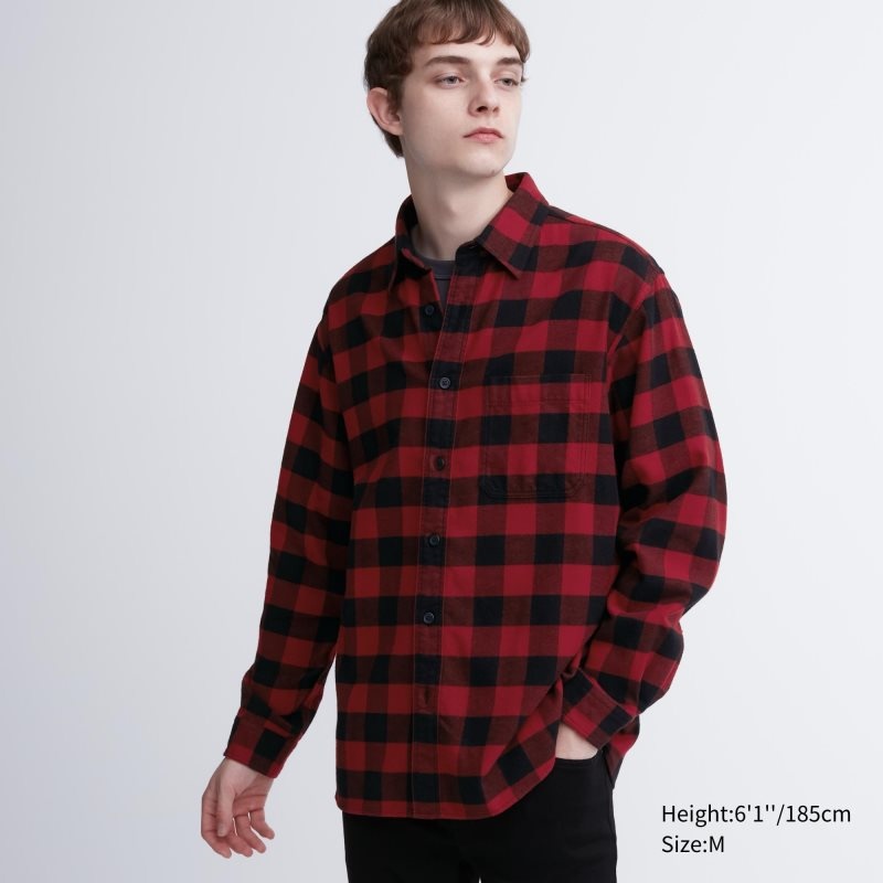 Uniqlo Flannel Checked Long-sleeve Overhemd Heren Rood | 2349858