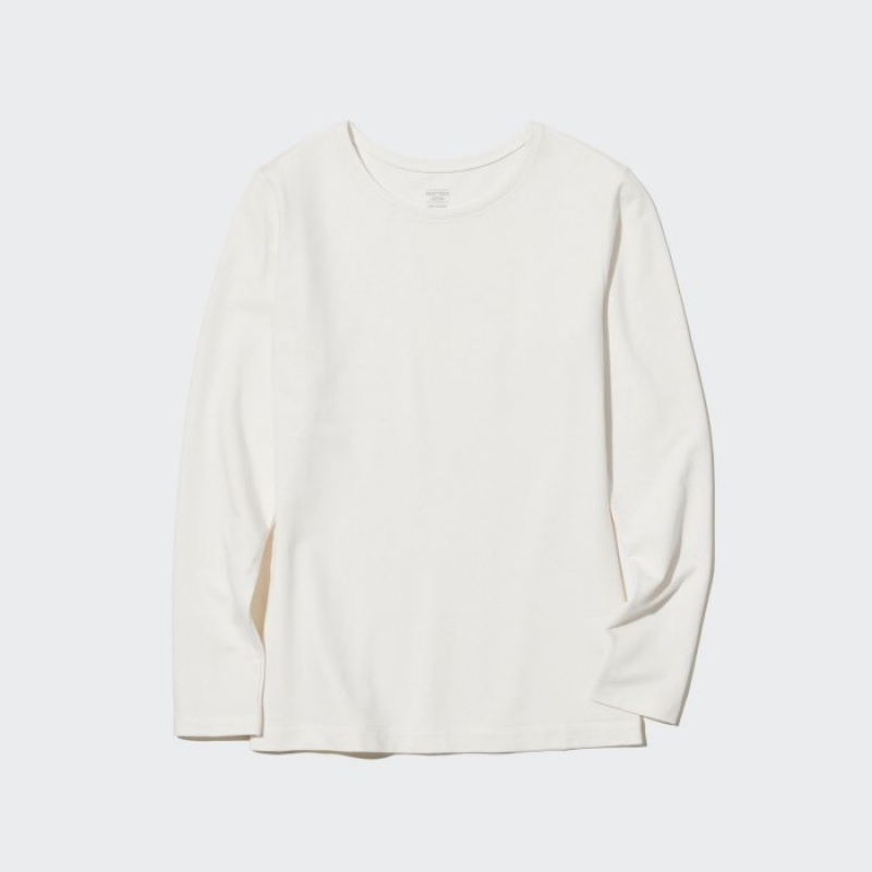 Uniqlo HEATTECH Cotton Crew Neck Long-Sleeve T-shirts Dames Wit | 4640837