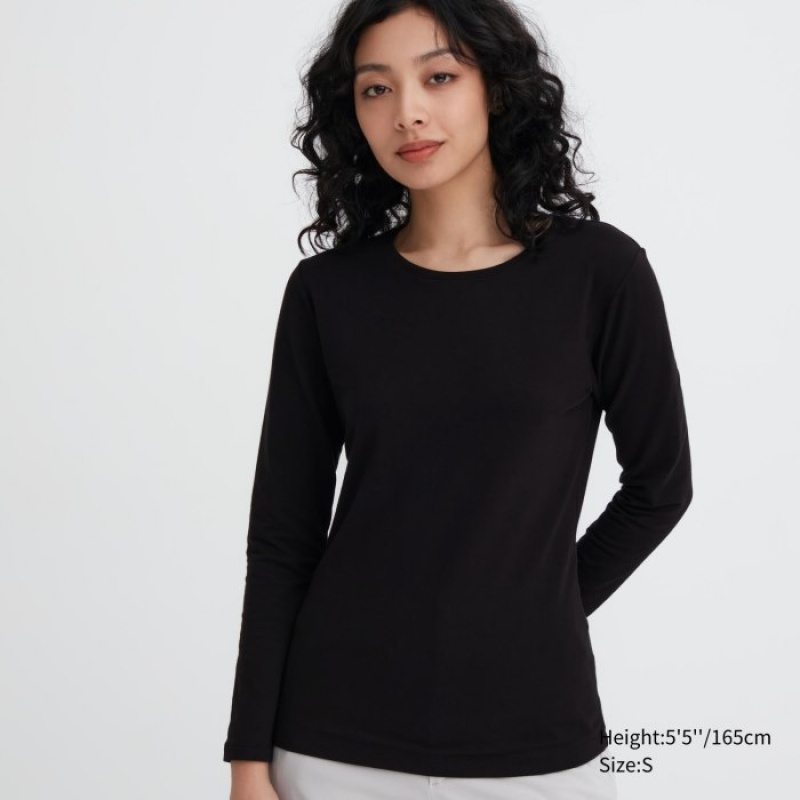 Uniqlo HEATTECH Cotton Crew Neck Long-Sleeve T-shirts Dames Zwart | 6648196