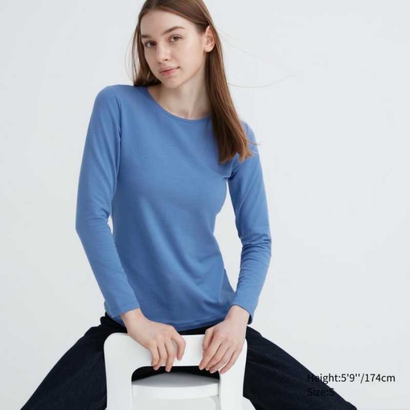 Uniqlo HEATTECH Cotton Crew Neck Long-Sleeve T-shirts Dames Blauw | 334732