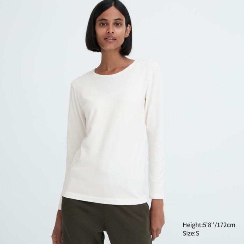 Uniqlo HEATTECH Cotton Crew Neck Long-Sleeve T-shirts Dames Wit | 5919341