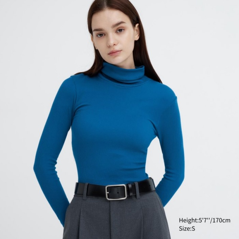 Uniqlo HEATTECH Extra Warm Seamless Ribbed Turtleneck Long-Sleeve T-shirts Dames Blauw | 9838954
