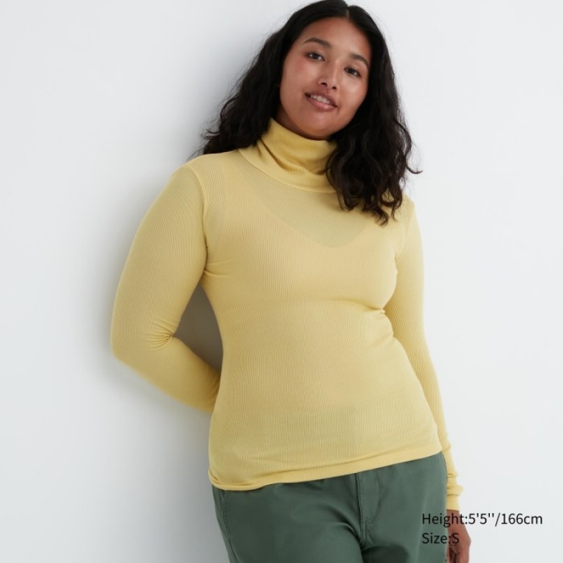 Uniqlo HEATTECH Extra Warm Seamless Ribbed Turtleneck Long-Sleeve T-shirts Dames Geel | 2495559
