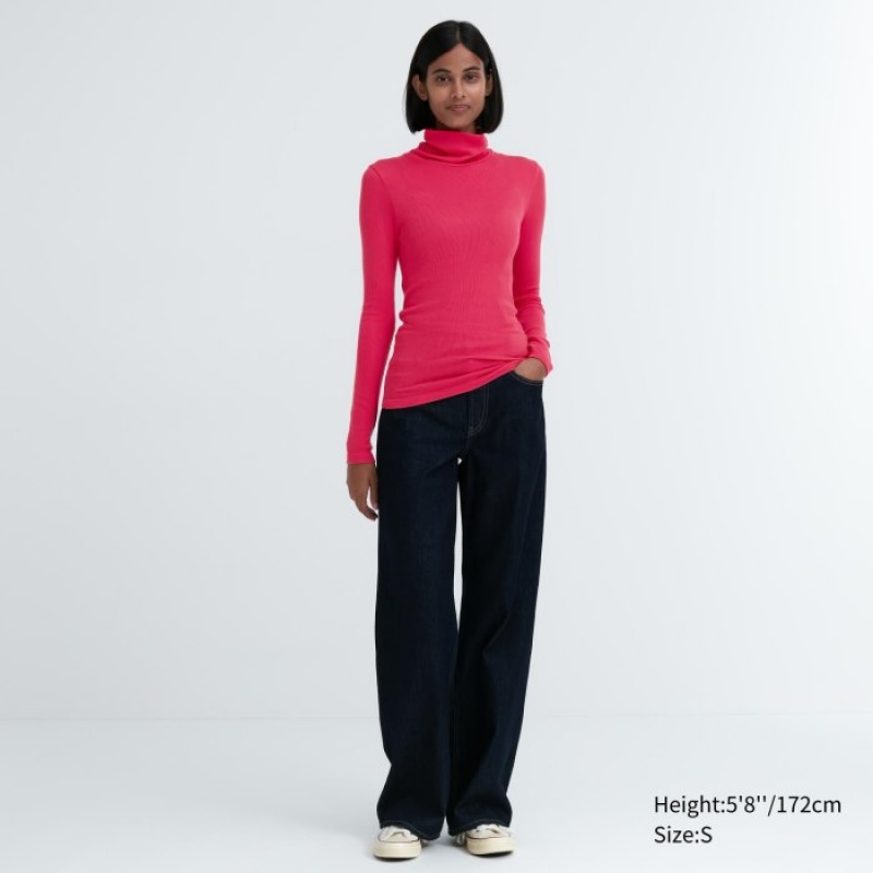 Uniqlo HEATTECH Extra Warm Seamless Ribbed Turtleneck Long-Sleeve T-shirts Dames Roze | 2265649