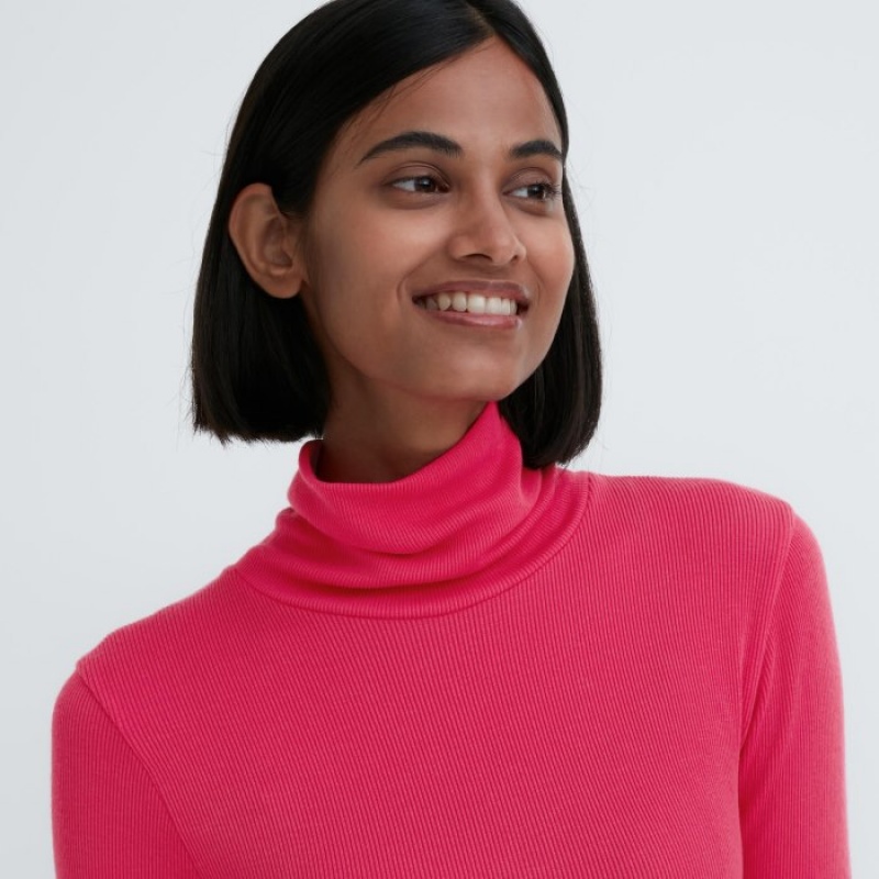 Uniqlo HEATTECH Extra Warm Seamless Ribbed Turtleneck Long-Sleeve T-shirts Dames Roze | 2265649