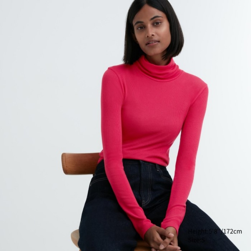 Uniqlo HEATTECH Extra Warm Seamless Ribbed Turtleneck Long-Sleeve T-shirts Dames Roze | 2265649