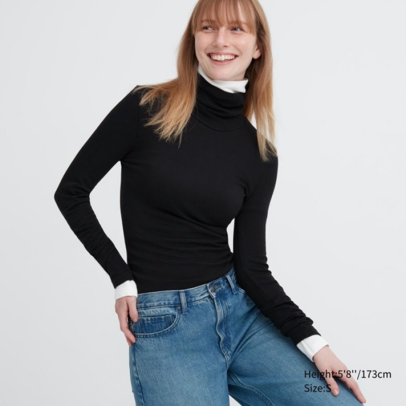 Uniqlo HEATTECH Extra Warm Seamless Ribbed Turtleneck Long-Sleeve T-shirts Dames Zwart | 2250452