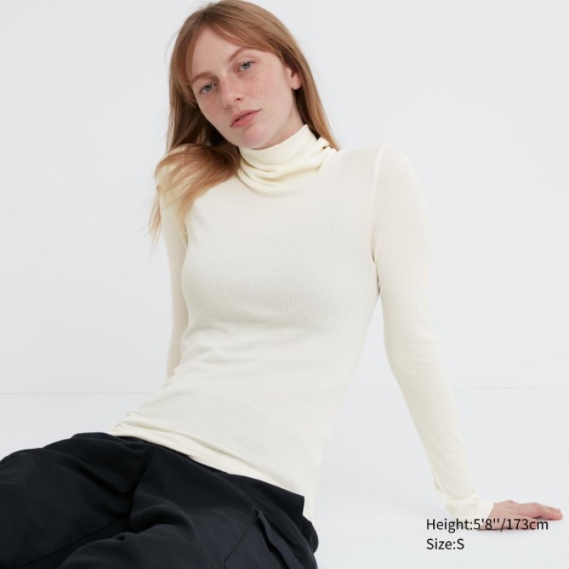 Uniqlo HEATTECH Extra Warm Seamless Ribbed Turtleneck Long-Sleeve T-shirts Dames Wit | 4265098
