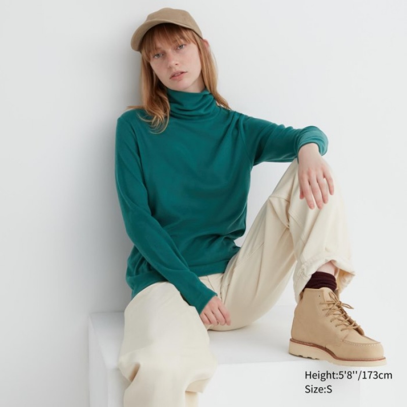 Uniqlo HEATTECH Fleece Turtleneck Long-Sleeve T-shirts Dames Groen | 3112889
