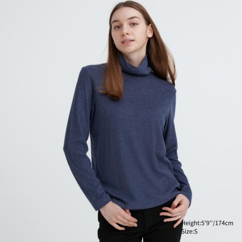 Uniqlo HEATTECH Fleece Turtleneck Long-Sleeve T-shirts Dames Blauw | 8247875