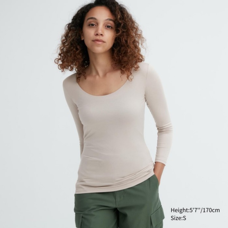 Uniqlo HEATTECH Scoop Neck Long-Sleeve T-shirts Dames Grijs | 3702042