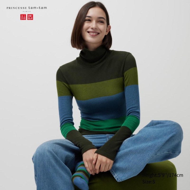 Uniqlo HEATTECH Seamless Ribbed Extra Warm T-shirts Dames Groen | 9105178