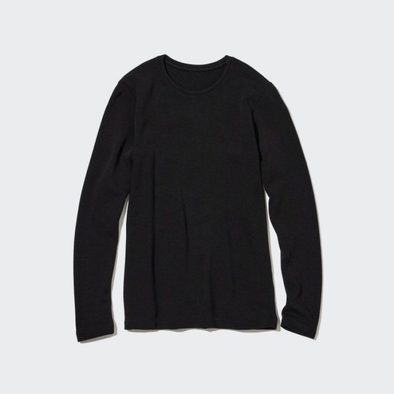 Uniqlo HEATTECH Ultra Warm Crew Neck Long-Sleeve T-shirts Dames Zwart | 1584287