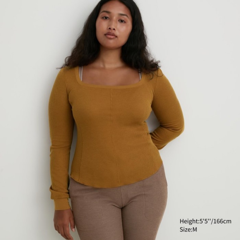 Uniqlo HEATTECH Waffle Square Neck Long-Sleeve T-shirts Dames Bruin | 5475003