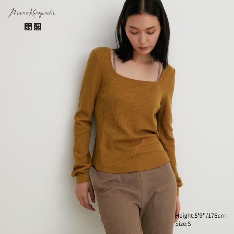 Uniqlo HEATTECH Waffle Square Neck Long-Sleeve T-shirts Dames Bruin | 5475003