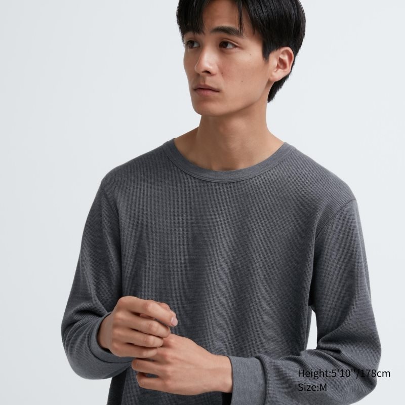 Uniqlo Heattech Cotton Waffle Crew Neck Long-sleeve Extra Warm T-shirts Heren Grijs | 7297973