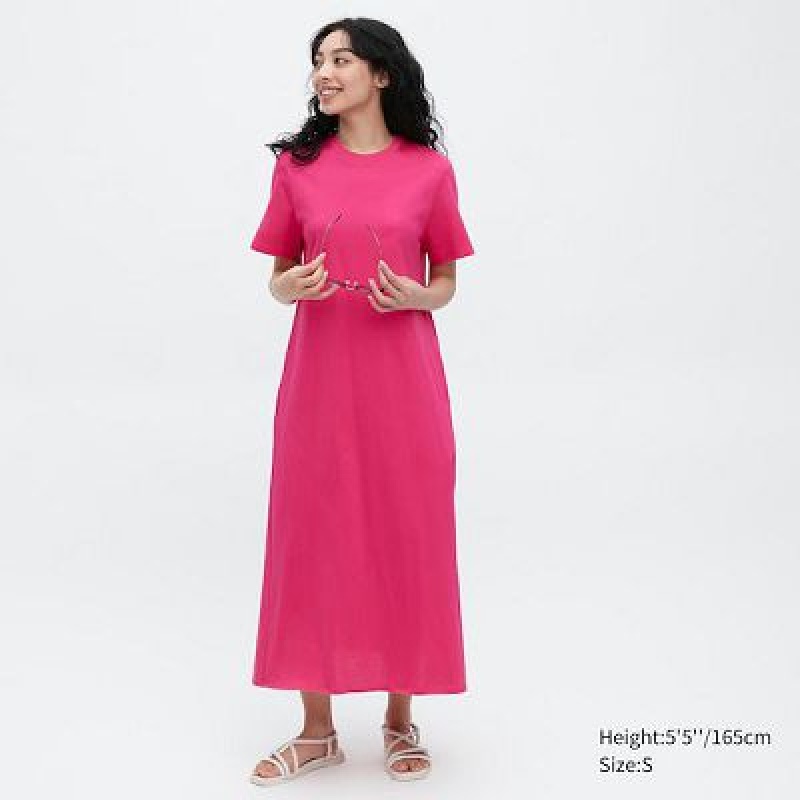 Uniqlo Mercerized Cotton Short-Sleeve A-Line Jurk Dames Roze | 2126805
