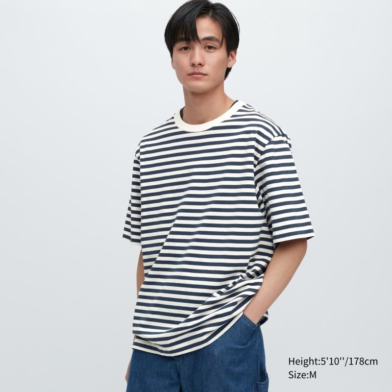 Uniqlo Oversized Striped Half-sleeve T-shirts Heren Donkerblauw | 3377161