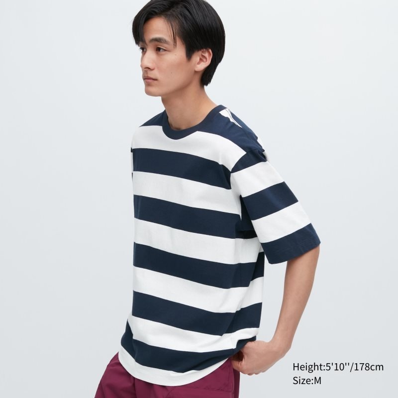 Uniqlo Oversized Striped Half-sleeve T-shirts Heren Donkerblauw | 9559405