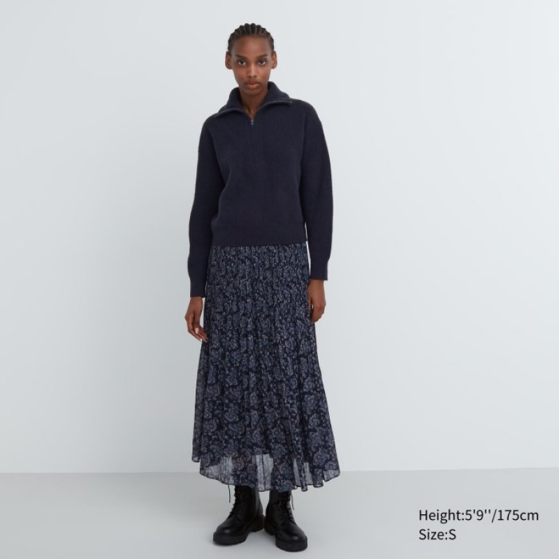 Uniqlo Premium Lambswool Half-Zip Long-Sleeve Truien Dames Donkerblauw | 3669507