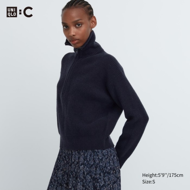 Uniqlo Premium Lambswool Half-Zip Long-Sleeve Truien Dames Donkerblauw | 3669507