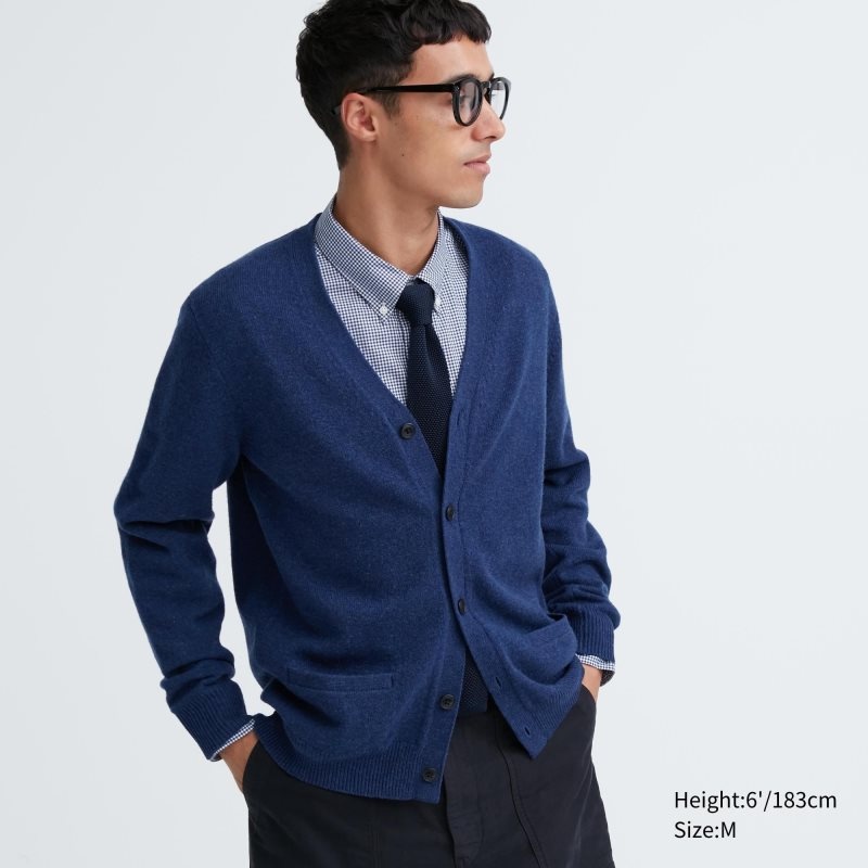 Uniqlo Premium Lambswool V-neck Long-sleeve Cardigan Heren Blauw | 2714710