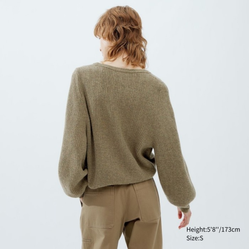 Uniqlo Premium Lambswool Volume Long-Sleeve Truien Dames Khaki | 8923940