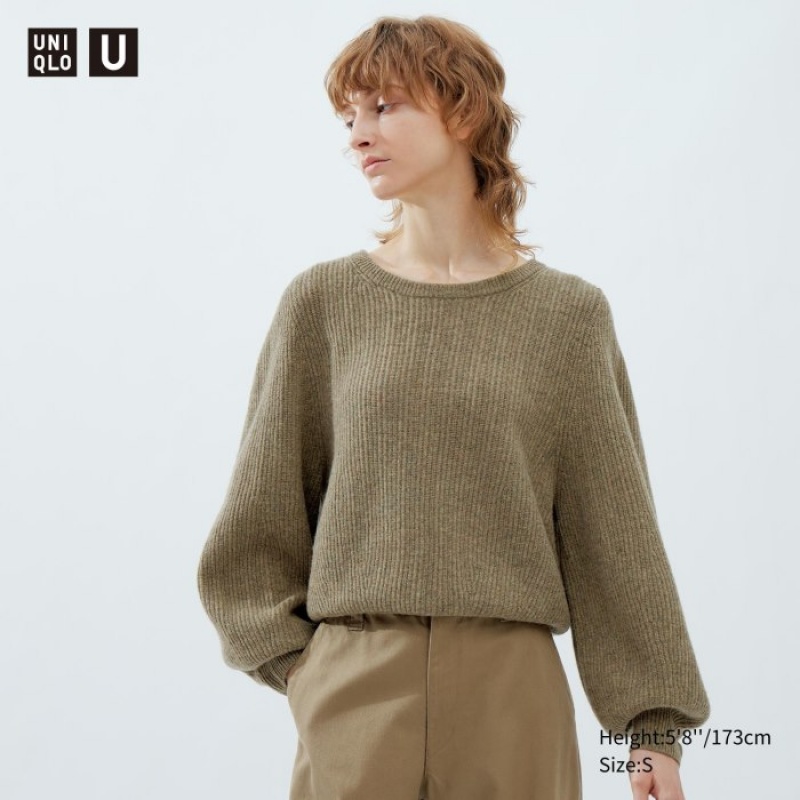 Uniqlo Premium Lambswool Volume Long-Sleeve Truien Dames Khaki | 8923940