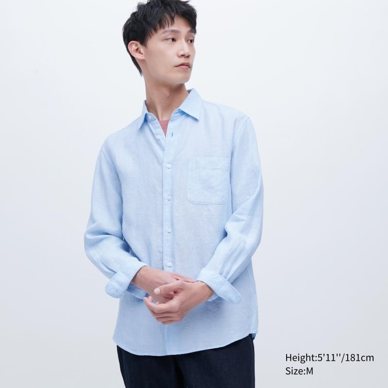 Uniqlo Premium Linen Long-sleeve Overhemd Heren Blauw | 7279771