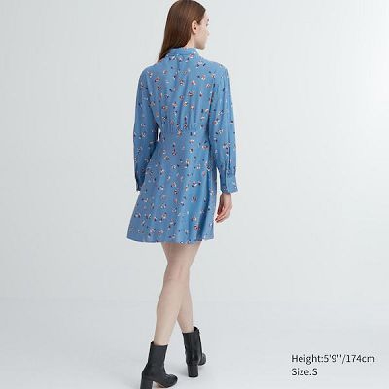 Uniqlo Printed V-Neck Long-Sleeve Mini Jurk Dames Blauw | 7124358
