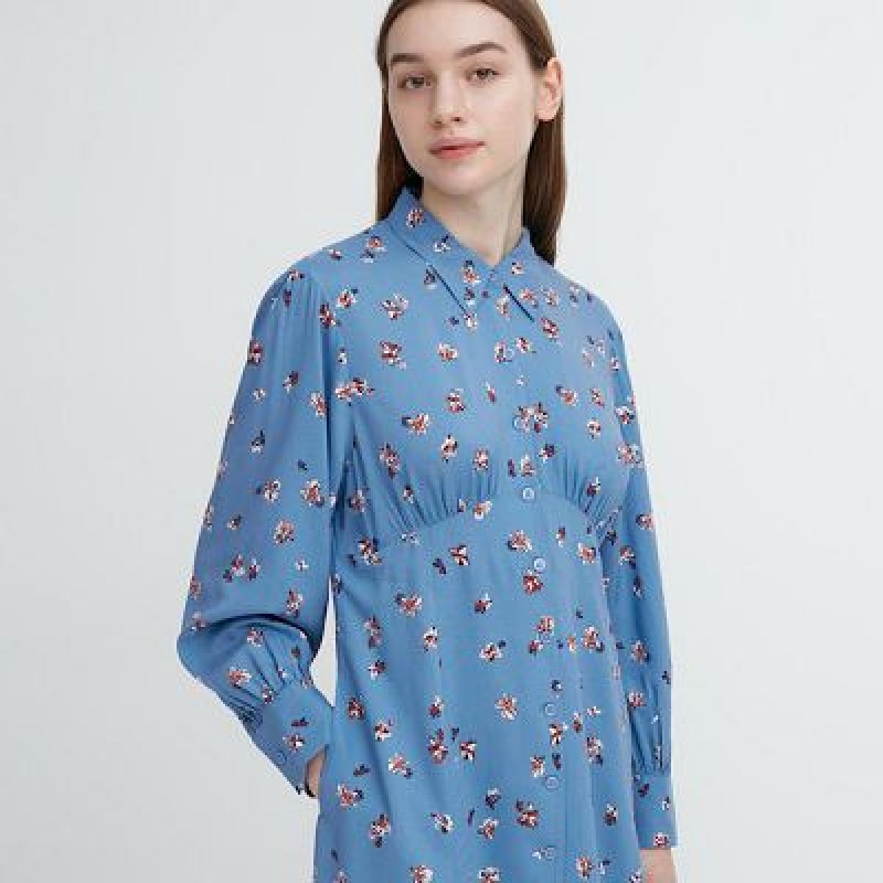 Uniqlo Printed V-Neck Long-Sleeve Mini Jurk Dames Blauw | 7124358