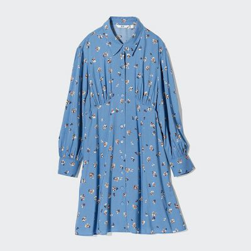 Uniqlo Printed V-Neck Long-Sleeve Mini Jurk Dames Blauw | 7124358