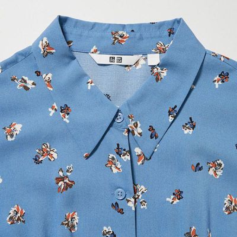 Uniqlo Printed V-Neck Long-Sleeve Mini Jurk Dames Blauw | 7124358