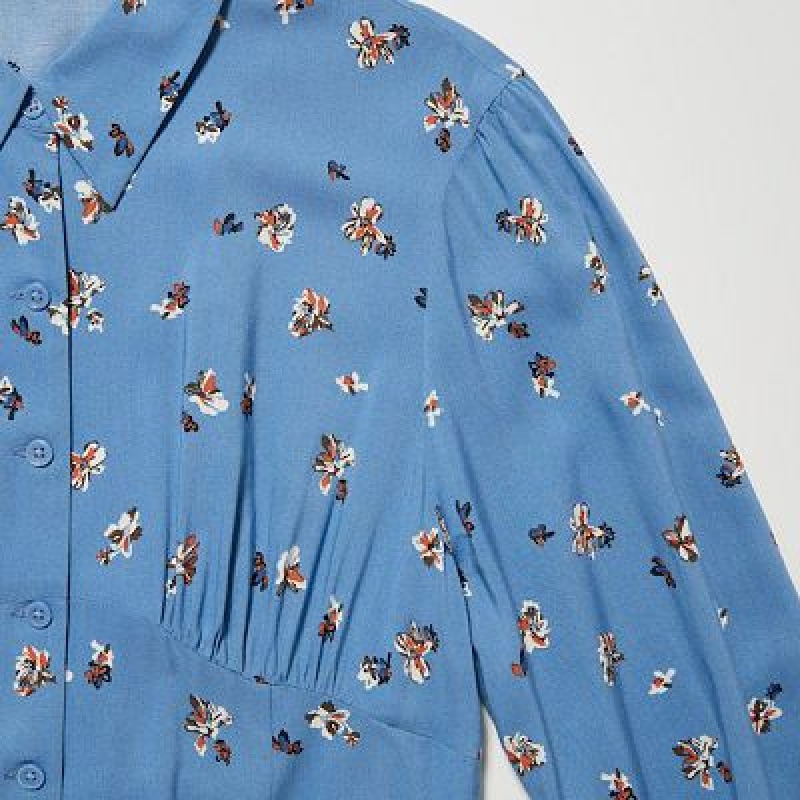 Uniqlo Printed V-Neck Long-Sleeve Mini Jurk Dames Blauw | 7124358