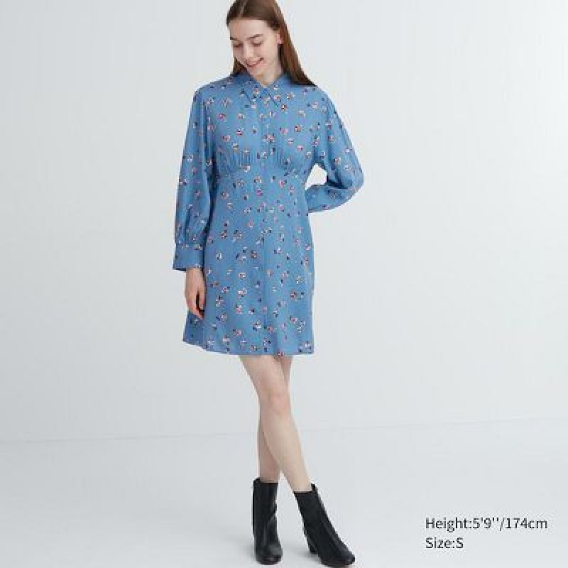 Uniqlo Printed V-Neck Long-Sleeve Mini Jurk Dames Blauw | 7124358