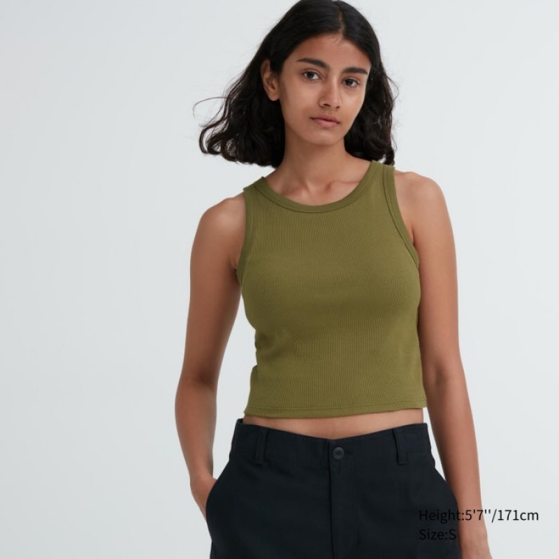 Uniqlo Ribbed Cropped Sleeveless Tanktop Dames Olijfgroen | 9534735