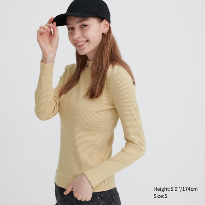 Uniqlo Ribbed High Neck Long-Sleeve T-shirts Dames Beige | 4518226