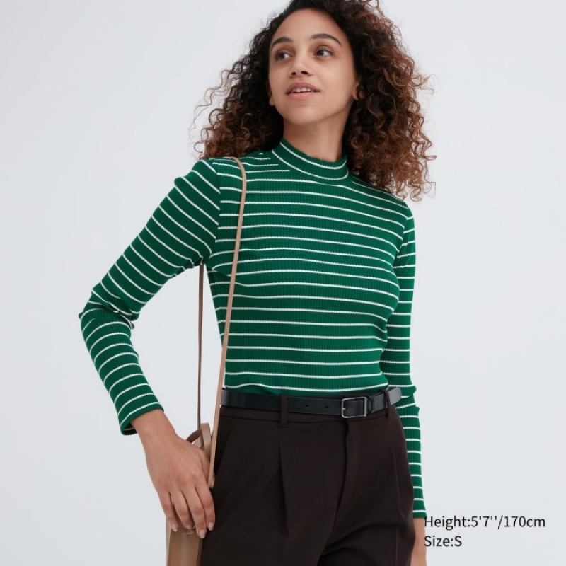 Uniqlo Ribbed Striped High Neck Long-Sleeve T-shirts Dames Groen | 1464127