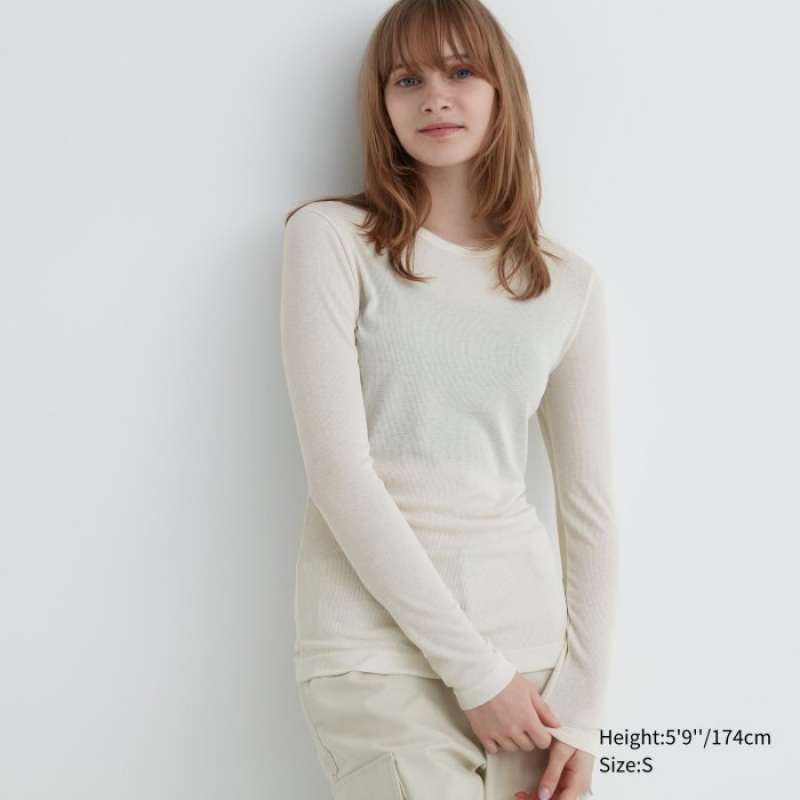 Uniqlo Sheer Jersey Crew Neck Long-Sleeve T-shirts Dames Wit | 1438913