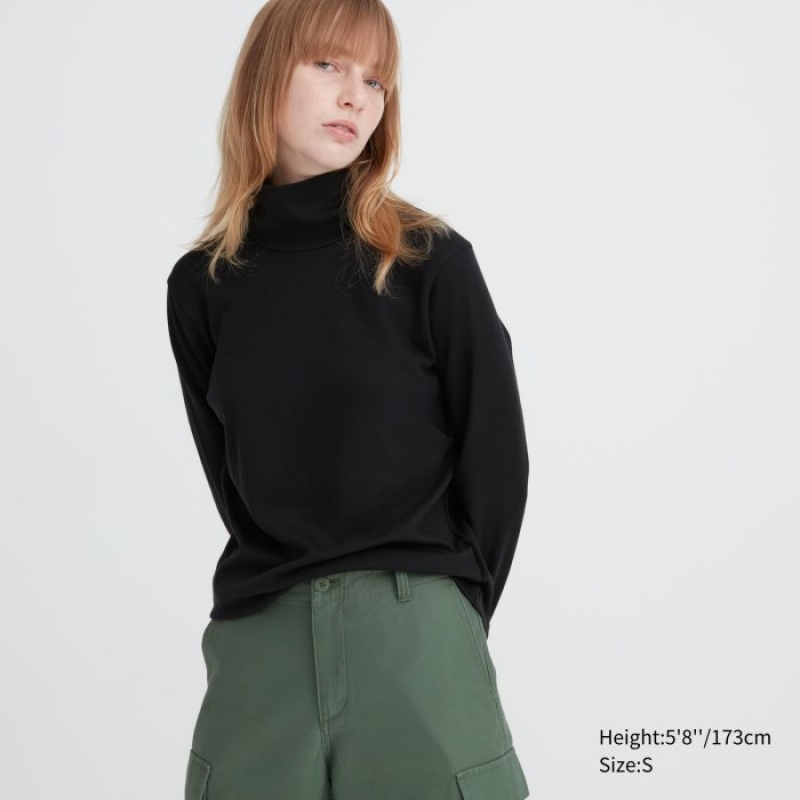 Uniqlo Smooth Stretch Cotton Turtleneck Long-Sleeve T-shirts Dames Zwart | 3165804