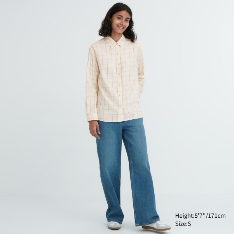 Uniqlo Soft Brushed Checked Long-Sleeve Overhemd Dames Wit | 9207037