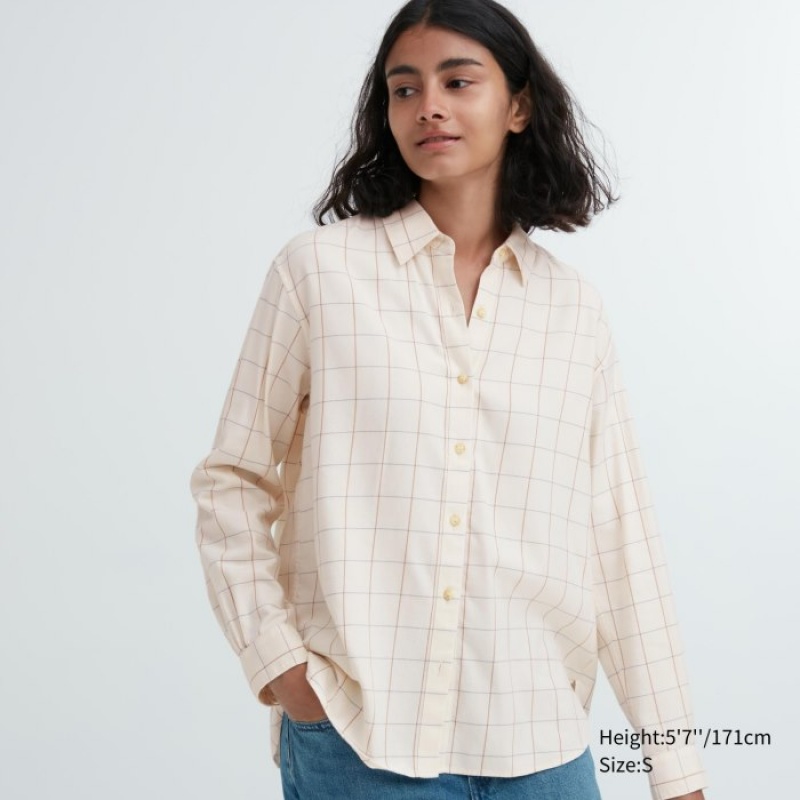 Uniqlo Soft Brushed Checked Long-Sleeve Overhemd Dames Wit | 9207037