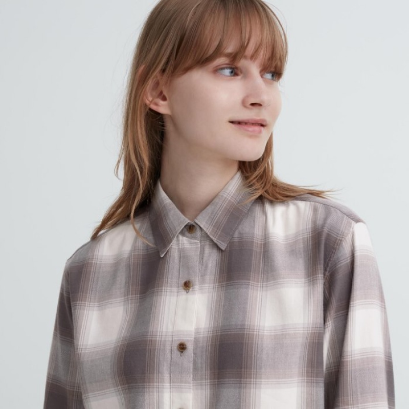 Uniqlo Soft Brushed Checked Long-Sleeve Overhemd Dames Bruin | 7630245