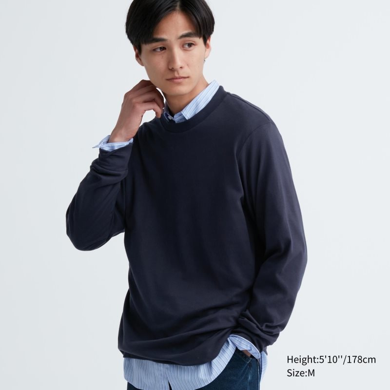 Uniqlo Soft Brushed Crew Neck Long-sleeve T-shirts Heren Donkerblauw | 2556185